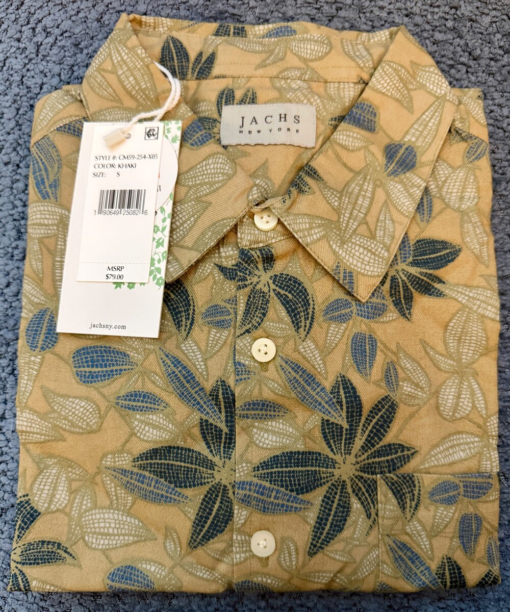 JACHS Khaki Leaf Pattern Button Front Short Sleeves CM59-254-X05 Shirt Size S